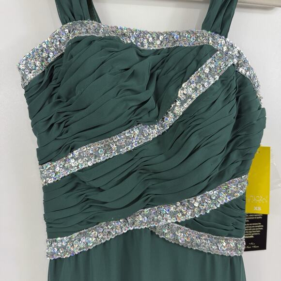 New Prom Formal Nox Anabel Green Sequin Rouched Maxi Dress Gown Juniors XS HOCO - Picture 5 of 16